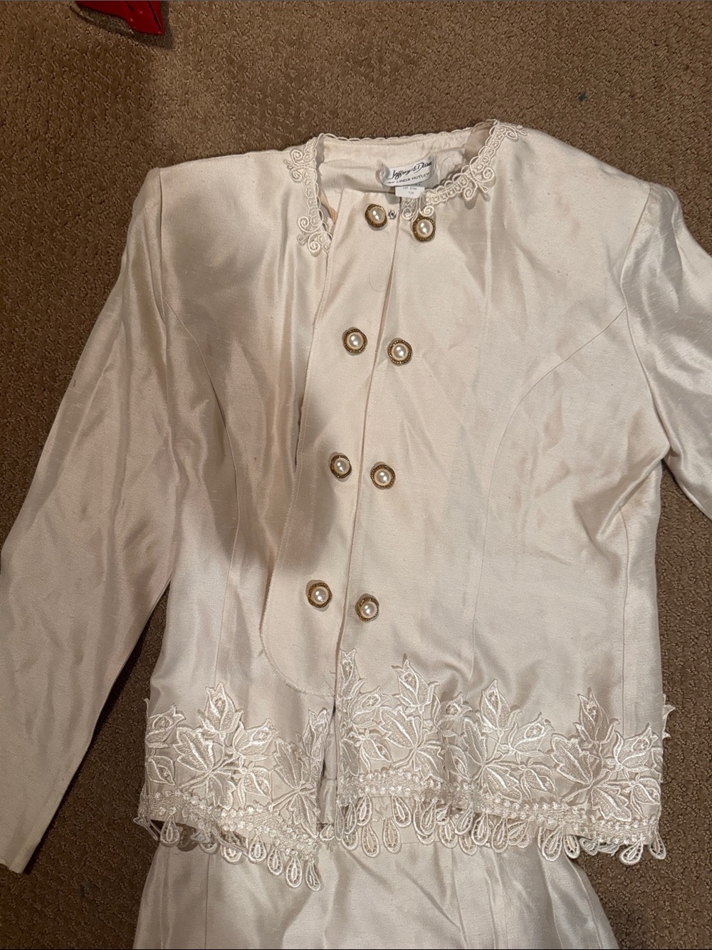 Vintage Cream Satin Skirt Suit Set Lace Trim Gold Button 2 Piece Co-ord